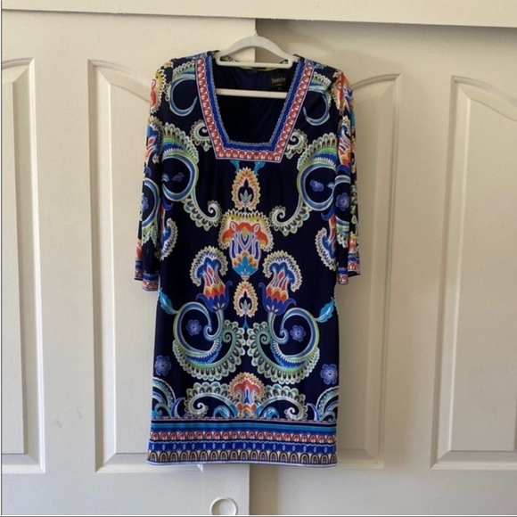 Laundry By Shelli Segal Navy Dress with Patterned Trim. Size 0 - Picture 1 of 7